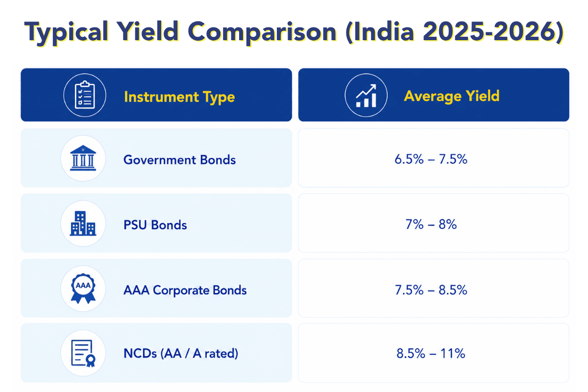 Typical yield comparison of government bonds, PSU bonds, corporate bonds, and NCDs in India 2025–2026
